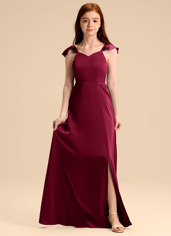 Azazie Everett Junior Vestido de Borgoña de Satén Elástico de Corte en A con Lazo image1