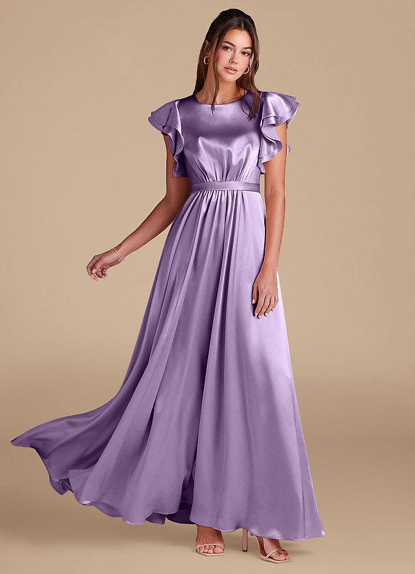 Azazie Daphne Modest Bridesmaid Dresses A-Line Ruched Metallic Satin Floor-Length Dress image1
