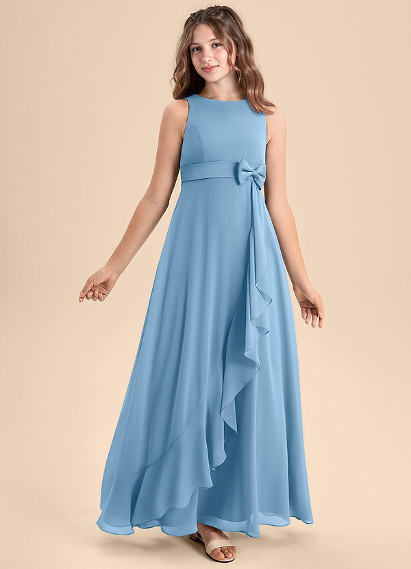 Azazie Lilenne Junior Steel Blue A-Line Bow Chiffon Dress image1