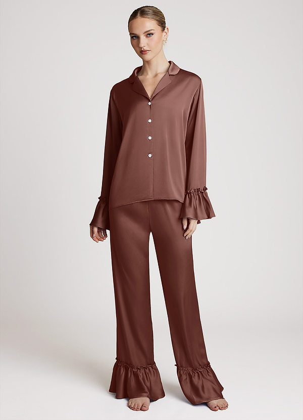 front Espresso Lekki satynowy komplet piżamowy z falbanką