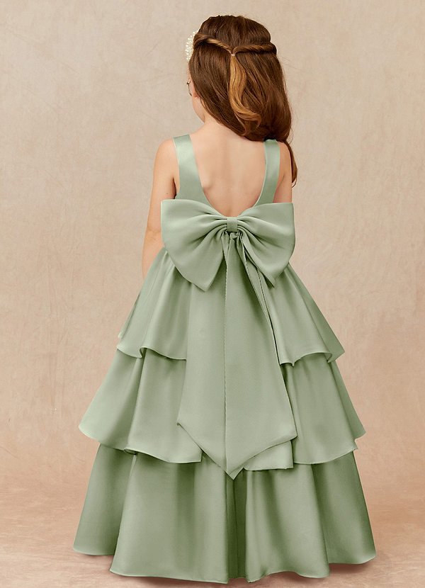 Azazie Margie Flower Girl Dresses Dusty Sage A-Line Bow Stretch Satin Dress image1