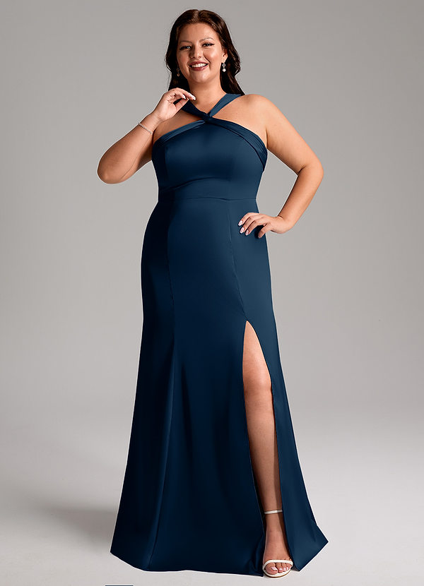 Azazie Rue Robes Demoiselle d'honneur Robe Trapèze en Satin extensible Plissée Bleu Marine Foncé image1