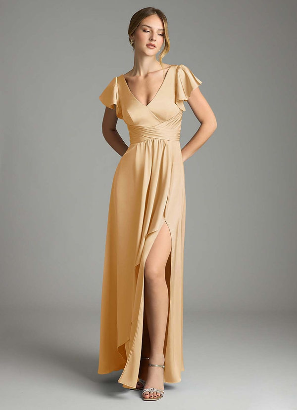 Azazie Omari Bruidsmeisjes Jurken Jurk van Stretch Satijn met A-Lijn Goud image1