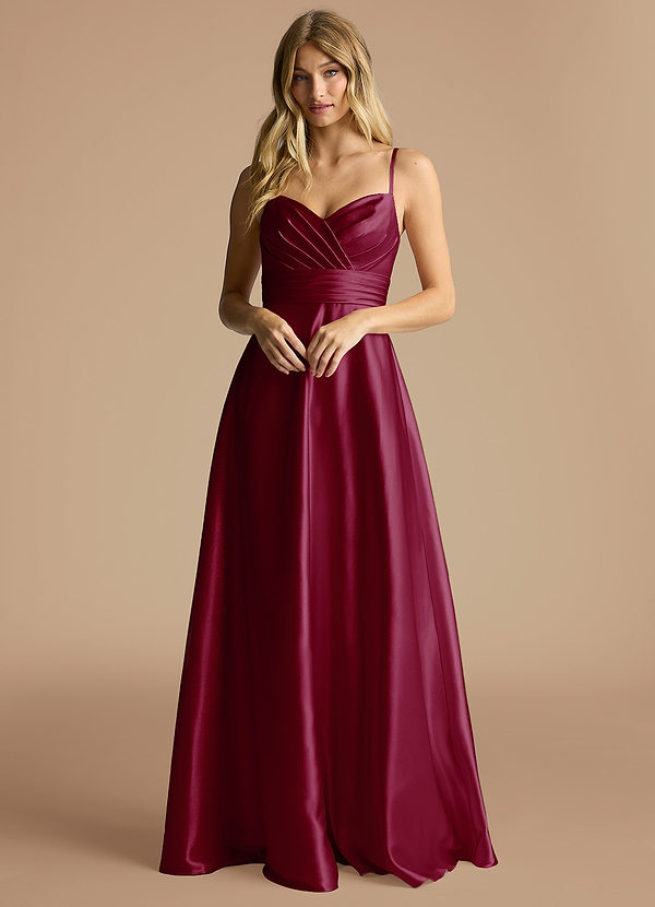 Azazie Oliana Abiti da Damigella Abito A-Line in Raso Metallizzato Scollo a Cuore Borgogna image1