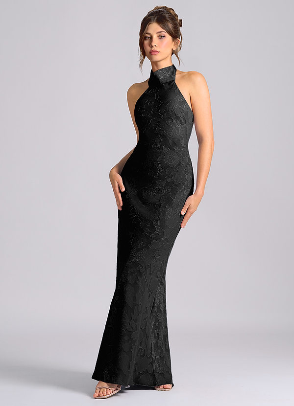 Azazie Velli Vestidos Dama de Honor Vestido de Negro de Devorado Floral de Corte Sirena con Cuello Alto image1