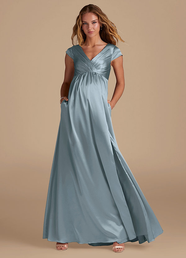 Azazie Allessia Maternity Bridesmaid Dresses A-Line Metallic Satin Floor-Length Dress image1