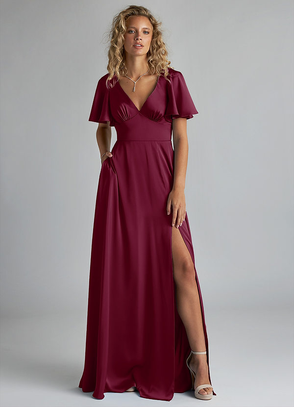 Azazie Kimber Bridesmaid Dresses Mulberry A-Line Ruched Stretch Satin Dress image1