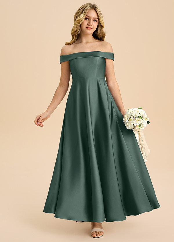 Azazie Sissy Junior Sea Moss A-Line Off the Shoulder Stretch Satin Dress image1