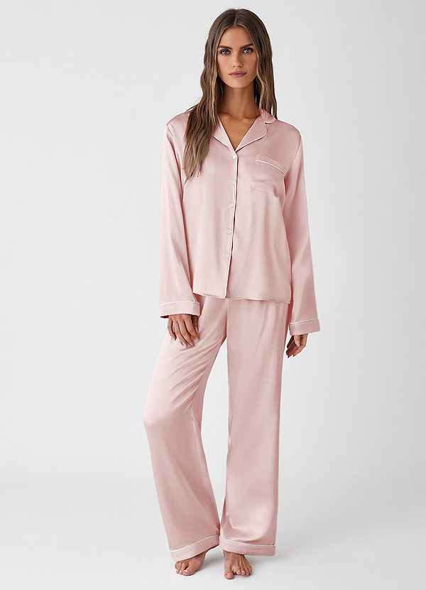 front Rodnande Rosa 100 % tvättbar siden pyjamasset med långa ärmar