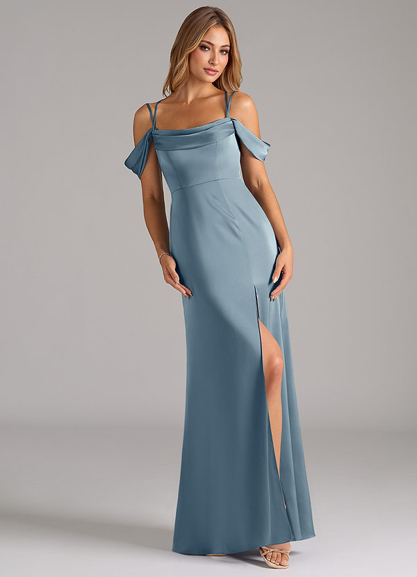 Azazie Callan Bridesmaid Dresses Dusty Blue A-Line Pleated Stretch Satin Convertible Dress image1