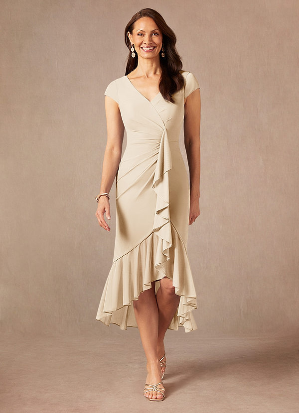 Azazie Renetta Mother of the Brides Dresses Champagne Sheath V-Neck Pleated Mesh Dress image1