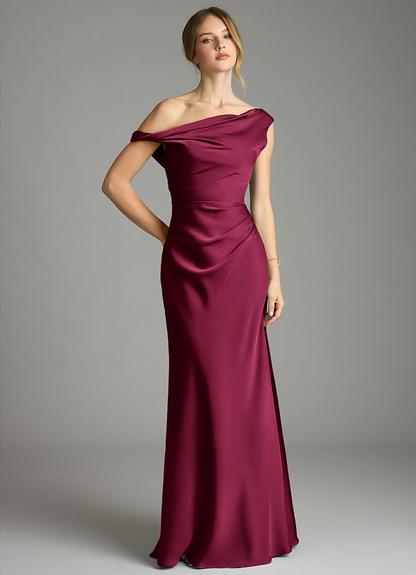 Azazie Emerson Robes de demoiselle d'honneur Robe Sirène en Satin extensible Épaules dénudées Bourgogne image1