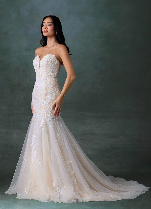 Azazie Chelley Vestidos de novia Vestido Blanco Diamante Champán de Tul de Corte Sirena con Palabra de honor image1