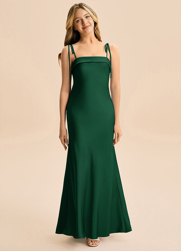 Azazie Willa Junior Dark Green A-Line Bow Stretch Satin Dress image1
