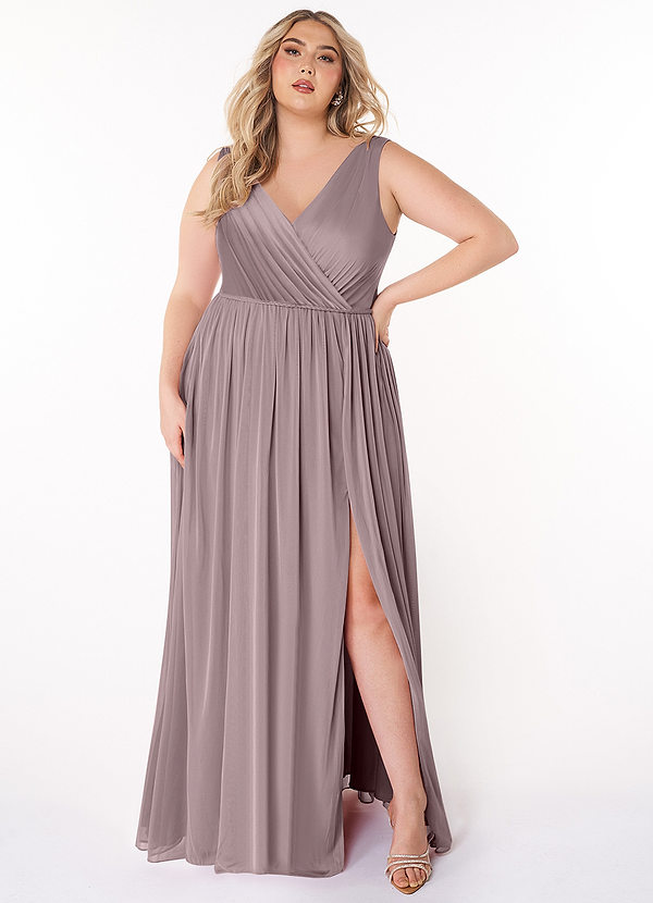 Azazie Tanicia Brautjungfernkleider A-Linie V-Hals Gefaltet Gittergewebe Kleid Dämmerung image1