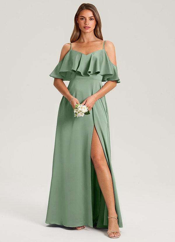 Azazie Jean Bridesmaid Dresses Matcha A-Line Off the Shoulder Stretch Satin Dress image1