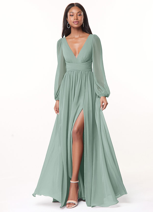 Azazie Norah Bridesmaid Dresses Agave A-Line V-Neck Long Sleeve Chiffon Dress image1