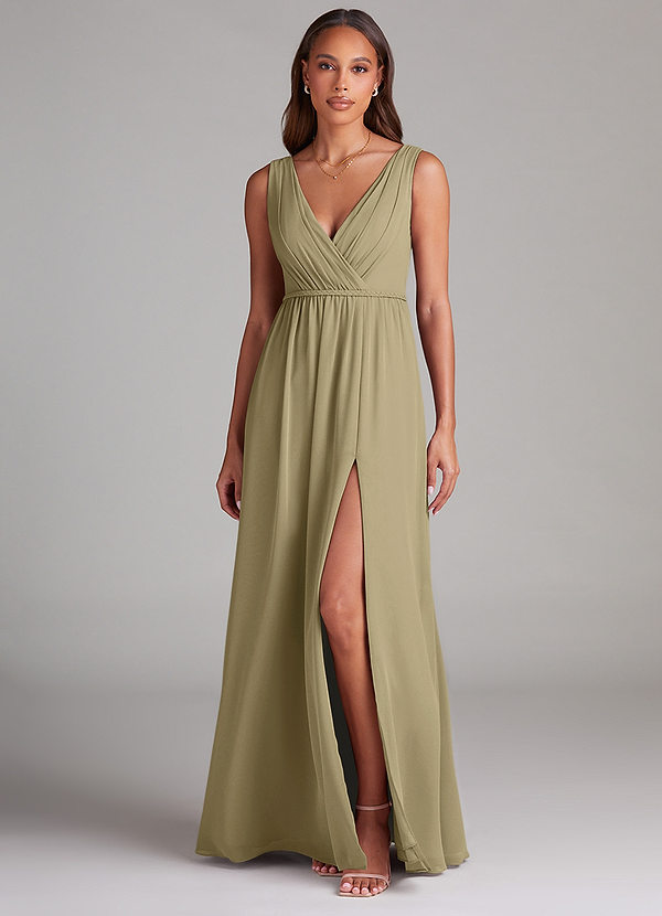 Azazie Tanicia Bridesmaid Dresses Moss Green A-Line Pleated Chiffon Dress image1