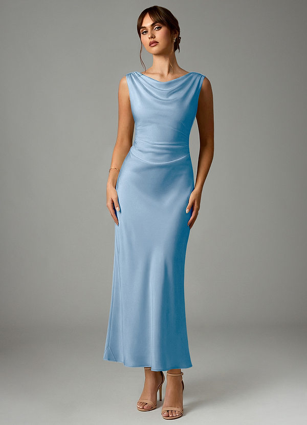 Azazie Kieryn Robes Demoiselle d'honneur Robe Sirène en Satin extensible Plissée Poudre Bleue image1
