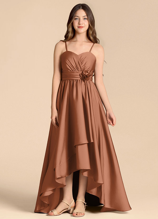 Azazie Catalina Junior Abito A-Line in Raso Elasticizzato Scollo a Cuore Bronzo image1