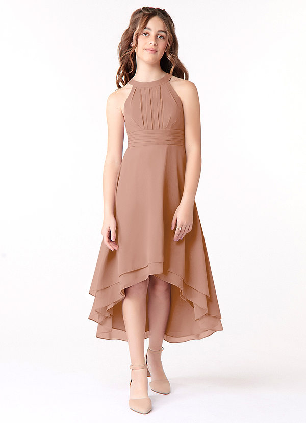 Azazie Linna Junior Champagne Rose A-Line Pleated Chiffon Dress image1