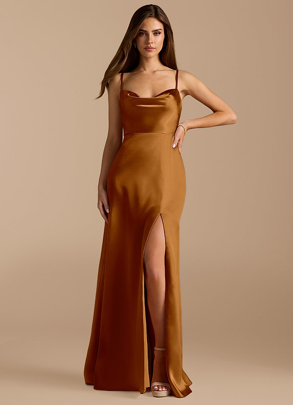 Azazie Erma Brautjungfernkleider A-Linie Seitliche Cut-Outs Metallischer Satin Kleid Kupfer image1