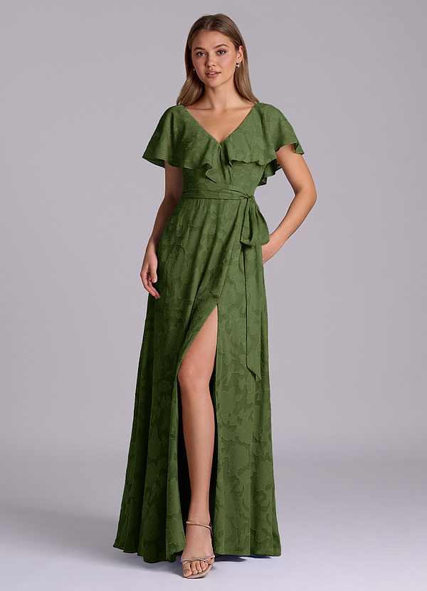 Azazie Lainey Bridesmaid Dresses Olive A-Line with Pockets Floral Burnout Dress image1