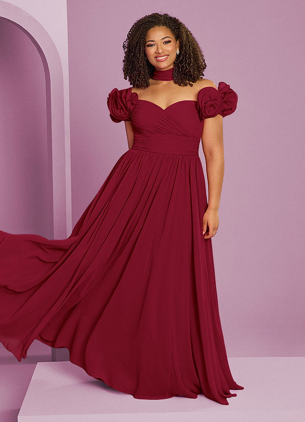 Barbie ♥ Azazie Bruidsmeisjes Jurken Converteerbaar Jurk van Chiffon met A-Lijn Off the Shoulder Bourgondië image1