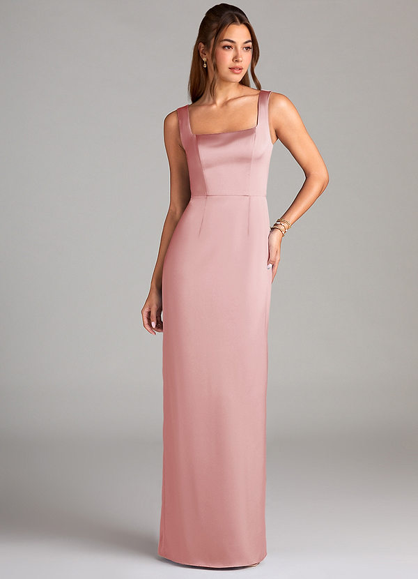 Azazie Flori Bridesmaid Dresses Powder Pink Sheath Side Slit Stretch Satin Dress image1