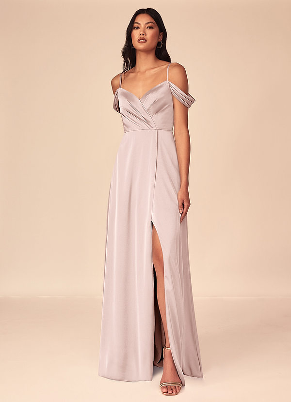 Azazie Ocean Robes Demoiselle d'honneur Robe Trapèze en Satin extensible Col V plissé Rose Pâle image1