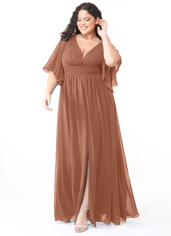 Azazie Temeka Robes Demoiselle d'honneur Robe Trapèze en Mousseline de soie Rayé Bronze image1