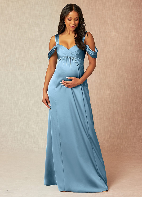 Azazie Rhea Vestidos de dama de honor de maternidad Vestido de Corte En A Off The Shoulder Plisado Hasta el suelo Satén Elástico image1