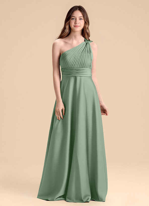 Azazie Charlize Junior Abito A-Line in Raso Elasticizzato Plissettato Matcha image1