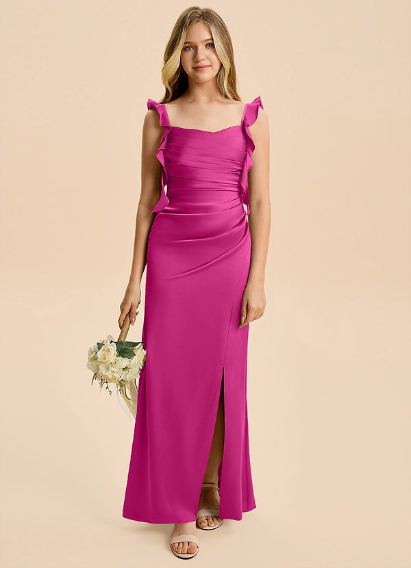 Azazie Jessamine Junior Fuchsia Sheath Ruched Stretch Satin Dress image1