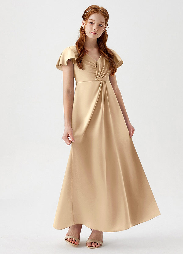 Azazie Soren Junior Abito A-Line in Raso Elasticizzato Increspato Champagne image1