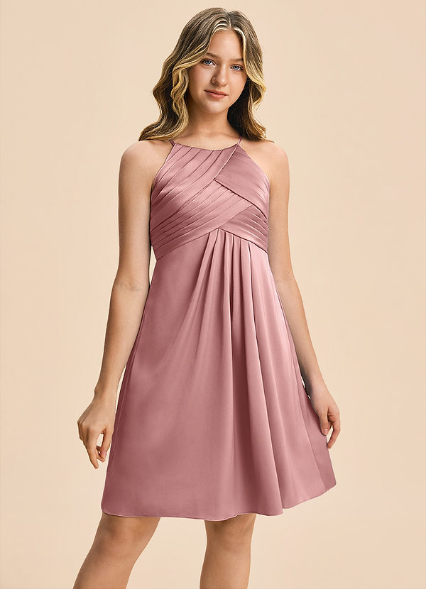 Azazie Ginny Junior Vestido Rosa Polvorienta de Satén Elástico de Corte en A con Plisado image1