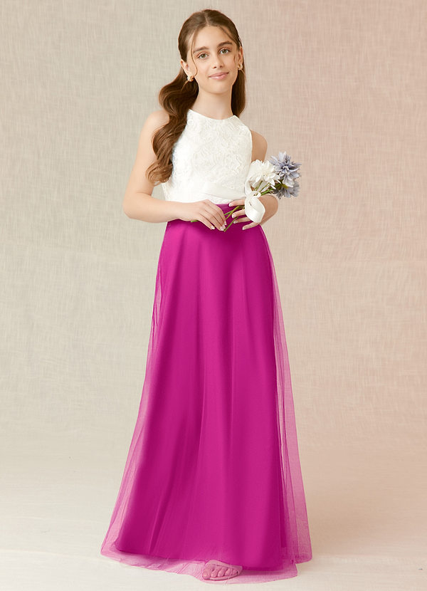 Azazie Albertine Junior Fuchsia A-Line Lace Chiffon Dress image1