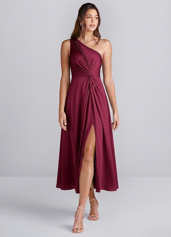 Hermine Burgundy One Shoulder Satin Slit Midi Dress image1