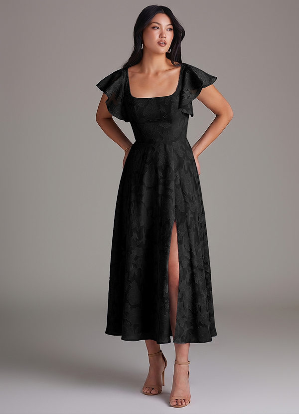 Azazie Bondi Bridesmaid Dresses Black A-Line Ruched Floral Burnout Dress image1