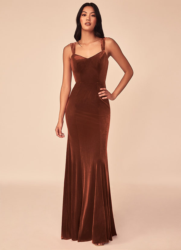 Azazie Lanessa Bridesmaid Dresses Terracotta Mermaid V-Neck Keyhole Back Velvet Dress image1