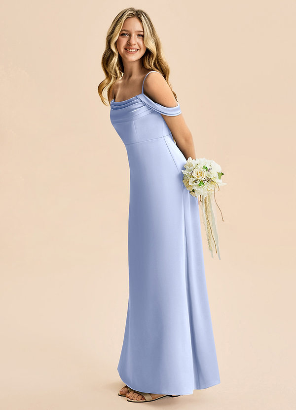 Azazie Lettie Junior Ice A-Line Off the Shoulder Stretch Satin Dress image1