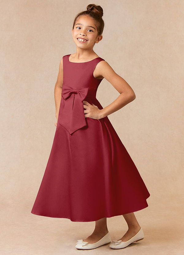 Azazie Lindy Flower Girl Dresses Pomegranate A-Line Pleated Matte Satin Dress image1