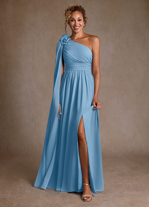 Azazie Lancaster Brautmutterkleider A-Linie One-Shoulder Chiffon Kleid Stahlblau image1