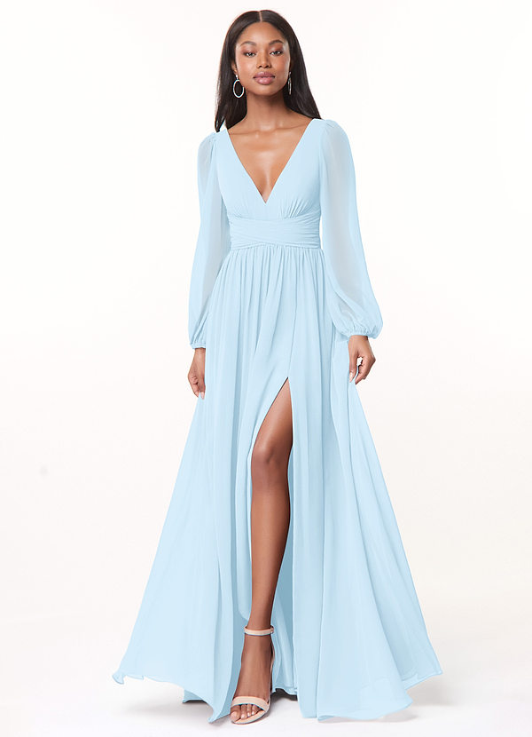 Azazie Norah Bridesmaid Dresses Sky Blue A-Line V-Neck Long Sleeve Chiffon Dress image1