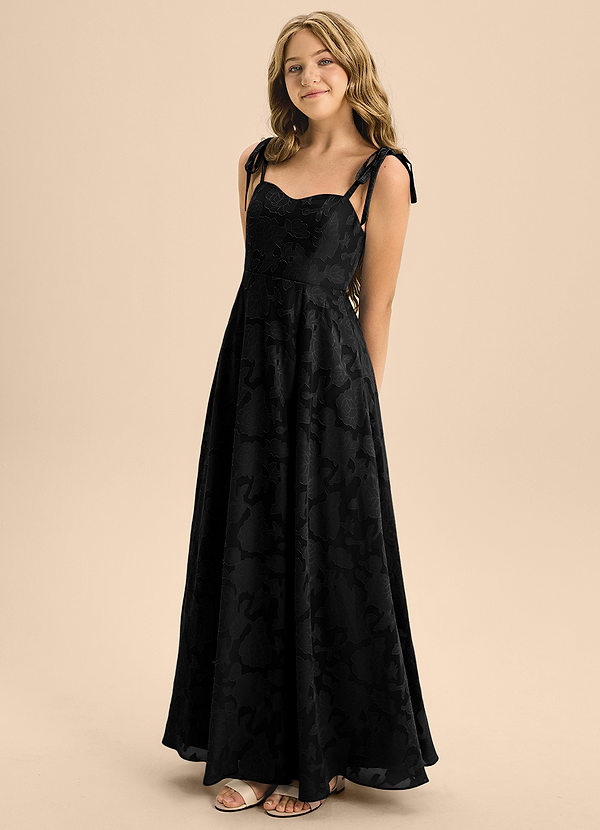 Azazie Rosey Junior Abito A-Line in Burnout Floreale Scollo a Cuore Nero image1