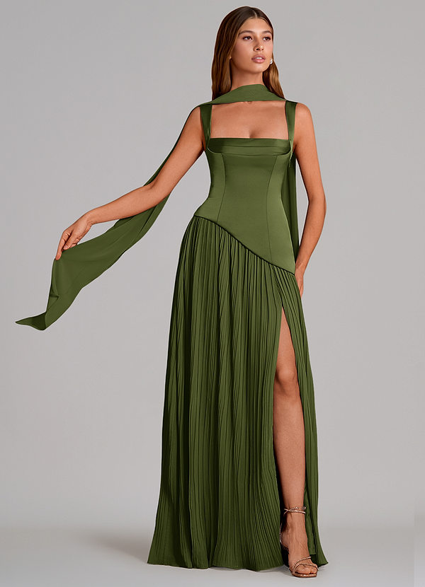 Azazie Stephanie Bridesmaid Dresses Olive A-Line Pleated Stretch Satin Dress image1