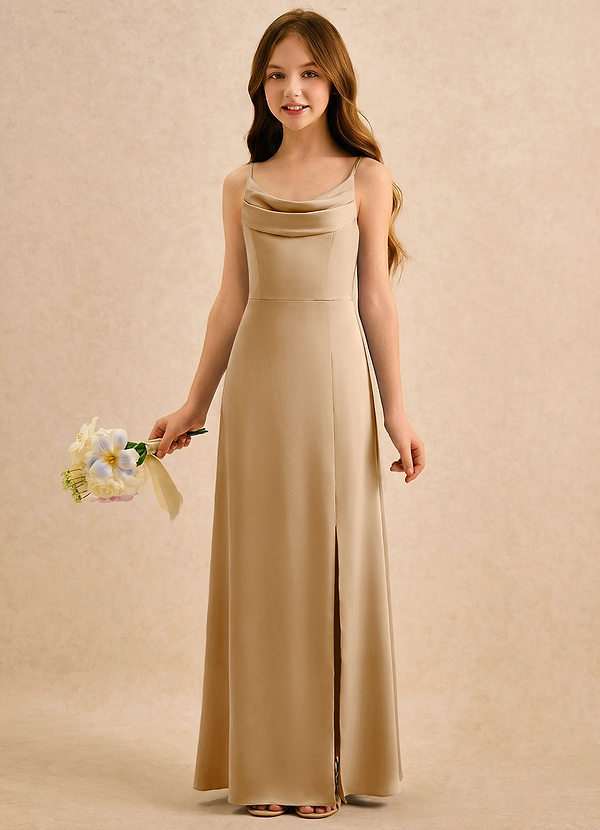 Azazie Shira Girls Formal Flower Girl Dresses Gold A-Line Pleated Stretch Satin Dress image1
