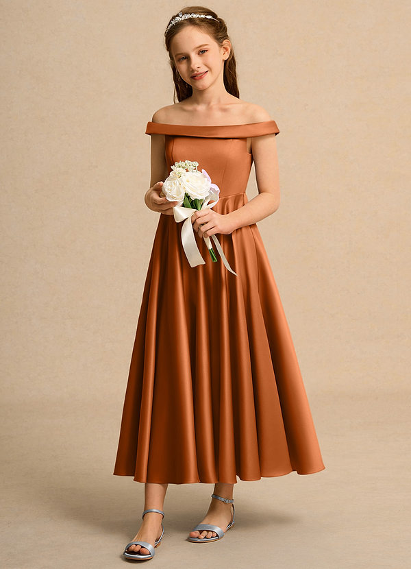 Azazie Teeny Girls Formal Abiti da Ragazza di Fiori Abito A-Line in Raso Opaco Plissettato Rame image1