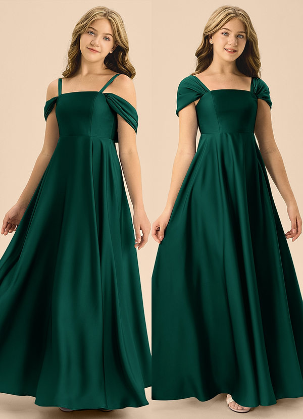 Azazie Rowena Junior A라인 절하다 스트레치 새틴 플로어 길이 주니어 신부 들러리 드레스 image1