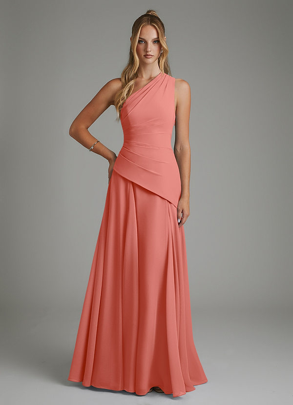 Azazie Holly Bridesmaid Dresses Salmon Pink A-Line Corset Chiffon Dress image1